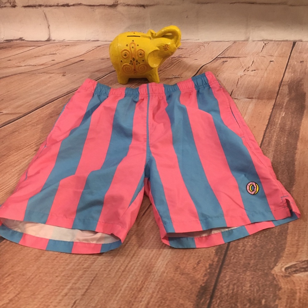 Striped Donut Swim Trunks in Pink and Blue
